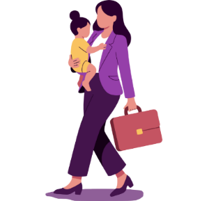 A working mother in accountancy carries a briefcase while walking with her baby, balancing work and family life.