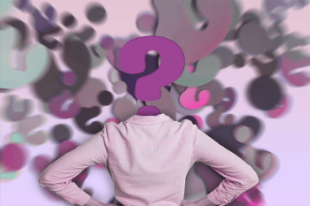 A woman with a question mark above her head, pondering questions for a job interview as an accountant.