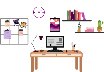 A home office desk featuring a computer, stacked books, and a clock, ideal for an accountant's workspace.