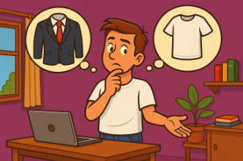 A man, an accountant working from home, ponders over a shirt and suit for his outfit of the day.