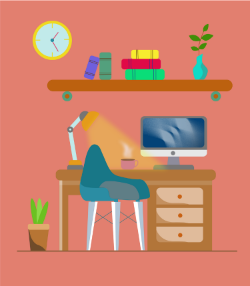 cartoon working from home environment with computer chair, desktop, books and a lamp on a pink peach background.