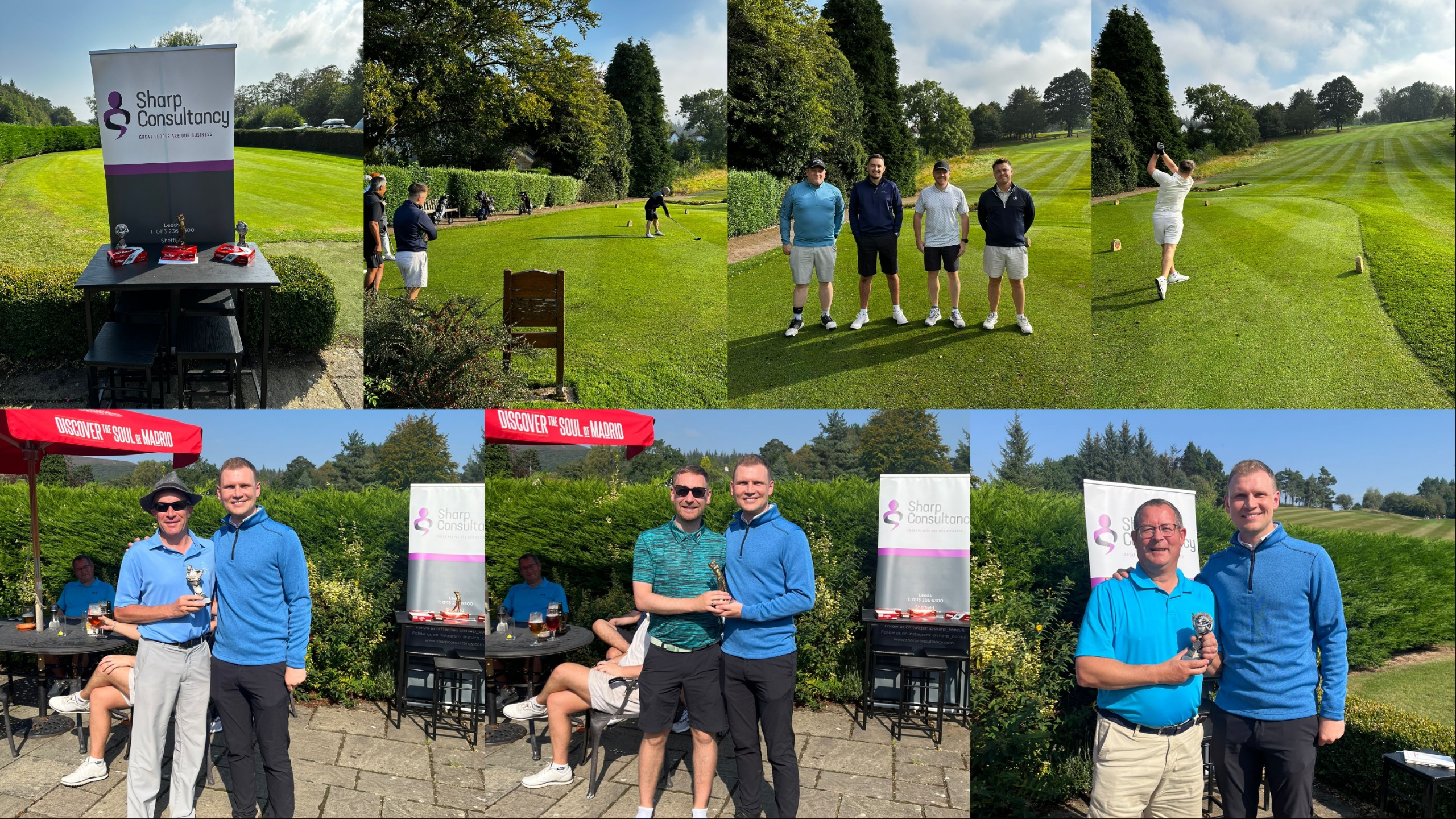 A collage of pictures showing Sharp Consultancy's clients networking and having fun at our annual Sickleholme Golf Day