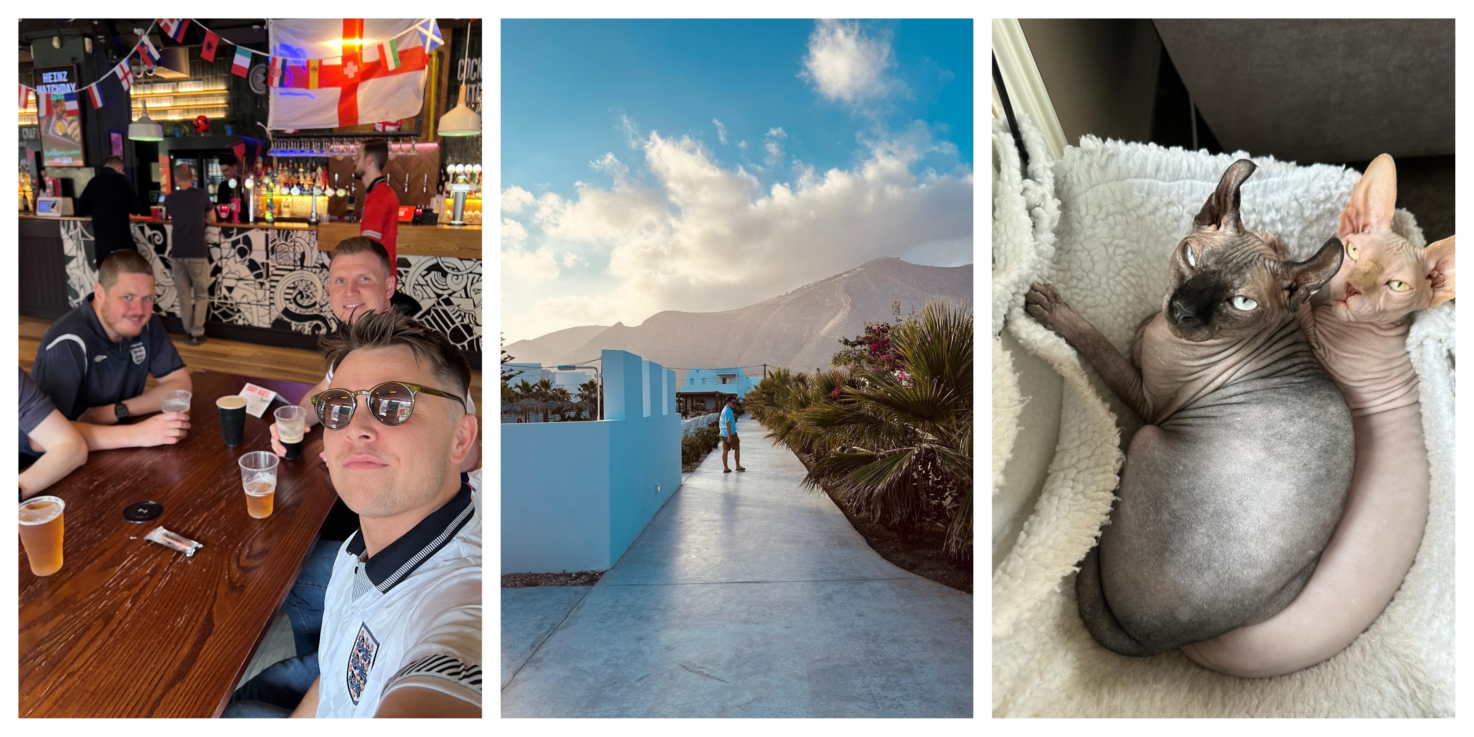 Charlie watching the football with colleagues, enjoying his holiday in Greece and his two Sphinx cats.