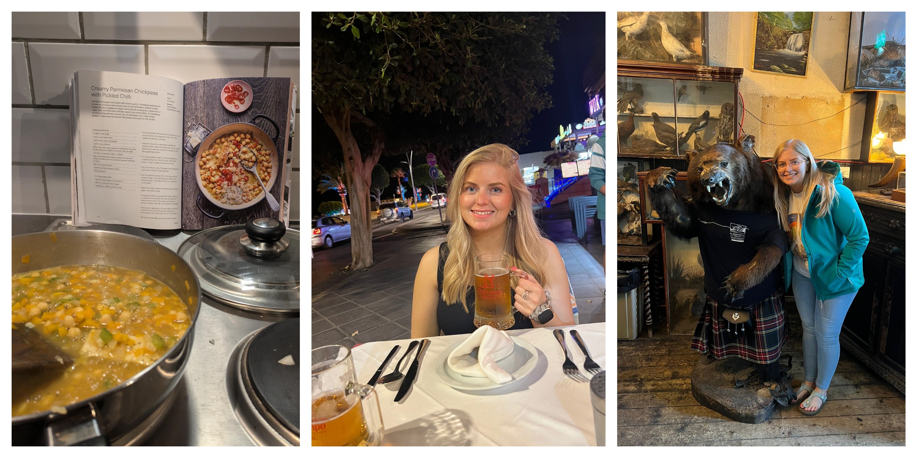 Caitlin cooking a nutritious meal, on holiday in Lanzarote and Scotland.